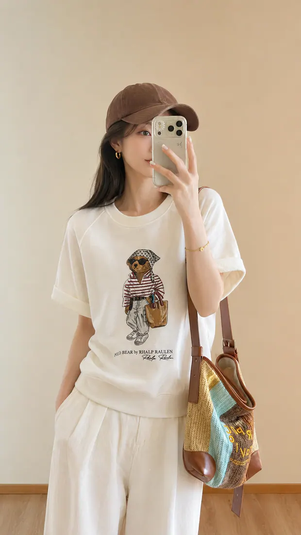 Bear Graphic Short-Sleeve Sweatshirt in White, product image 2 of 8