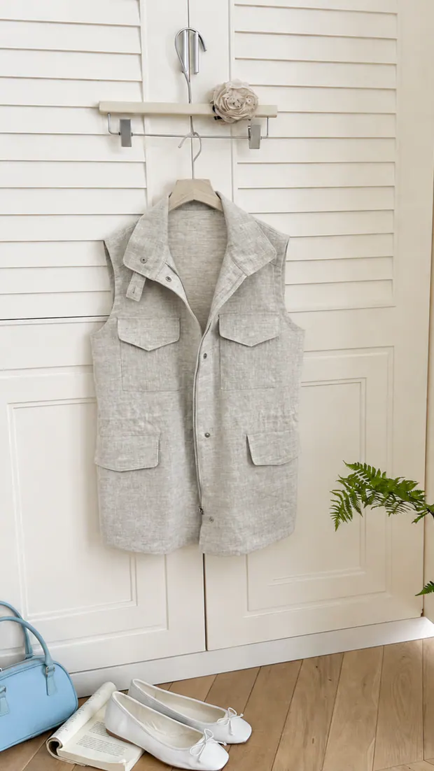 Old Money Linen Vest in Pelican Gray, product view
