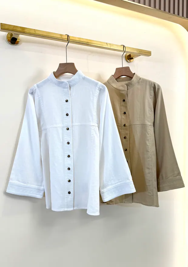 Mandarin-Collar Linen Shirt in White, product image 3 of 6