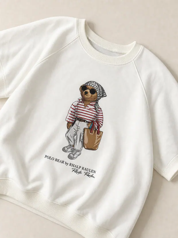 Bear Graphic Short-Sleeve Sweatshirt in White, product view