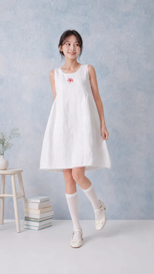 White Embroidered Dress in White, product image 1 of 6