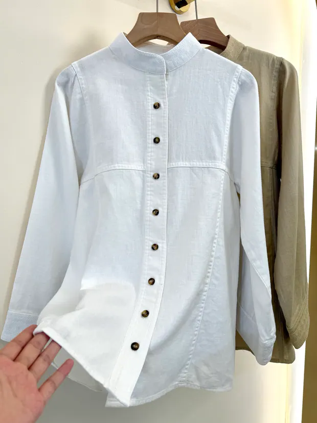 Mandarin-Collar Linen Shirt in White, product image 6 of 6