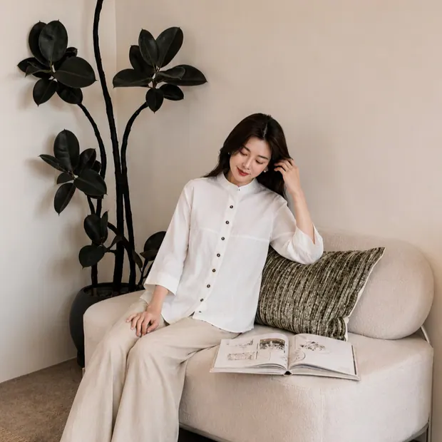 Mandarin-Collar Linen Shirt in White, product image 5 of 6