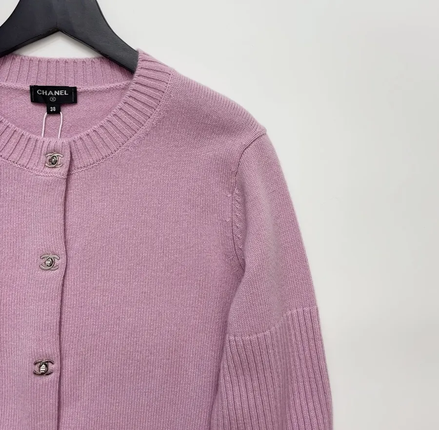 Chanel-Style Silver Metal-Buckle Cropped Cardigan in Silver, product view 02