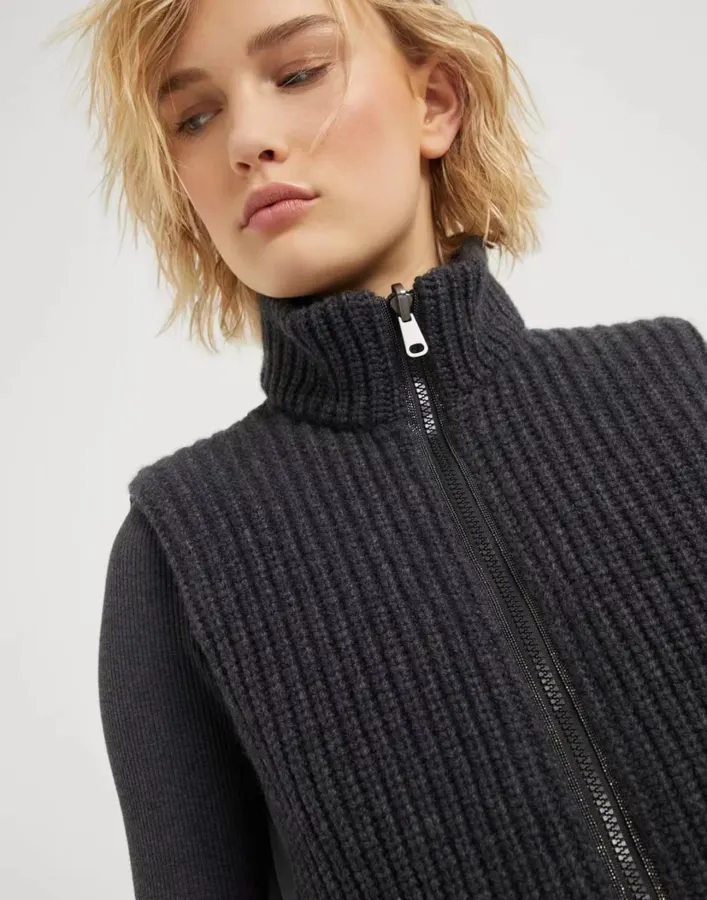 Charcoal High-Neck Zip Knit Vest in Dark Gray, product view 23