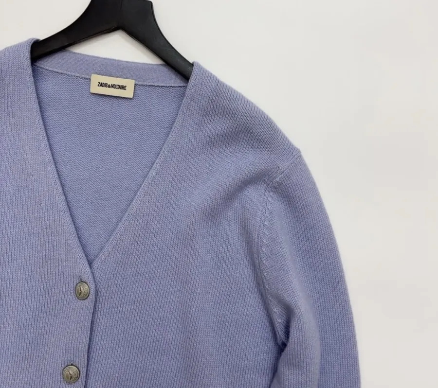 Solid Cashmere Knit Cardigan in Periwinkle, product view 02