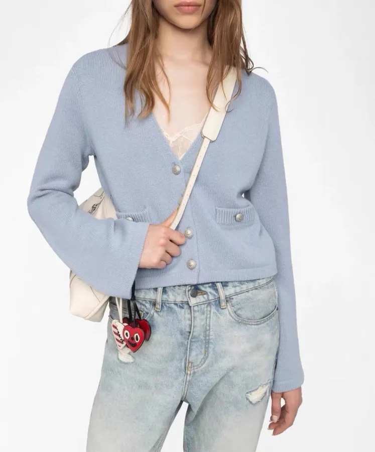 Solid Cashmere Knit Cardigan in Periwinkle, product view 16