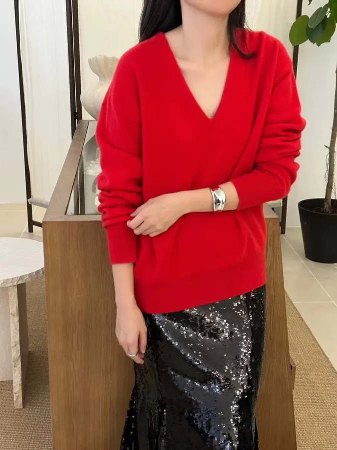 Red V-Neck Pullover Sweater in Red, product view 01