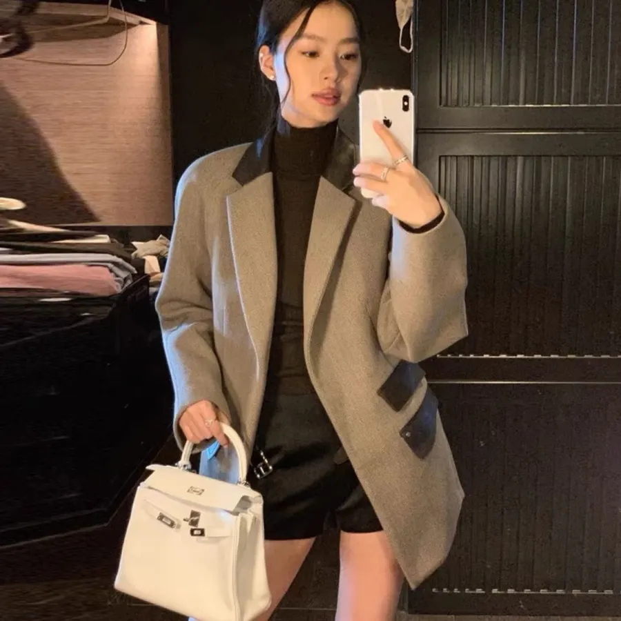 Antique Retro Leather-Inlaid Double-Layer Equestrian Twill Wool Suit in Taupe, product view 02