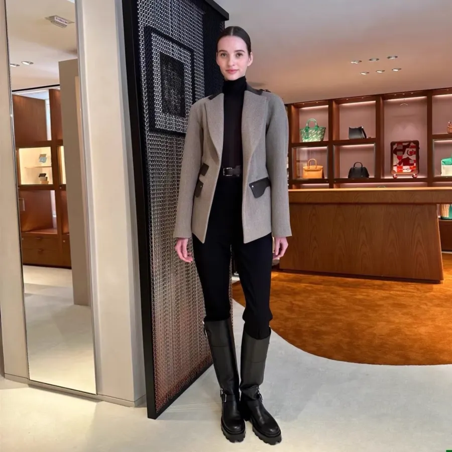 Antique Retro Leather-Inlaid Double-Layer Equestrian Twill Wool Suit in Taupe, product view 05