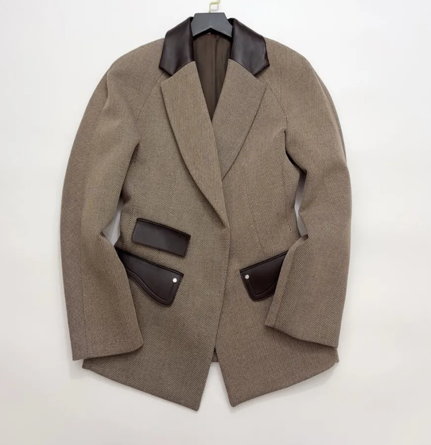 Antique Retro Leather-Inlaid Double-Layer Equestrian Twill Wool Suit in Taupe, product view 07
