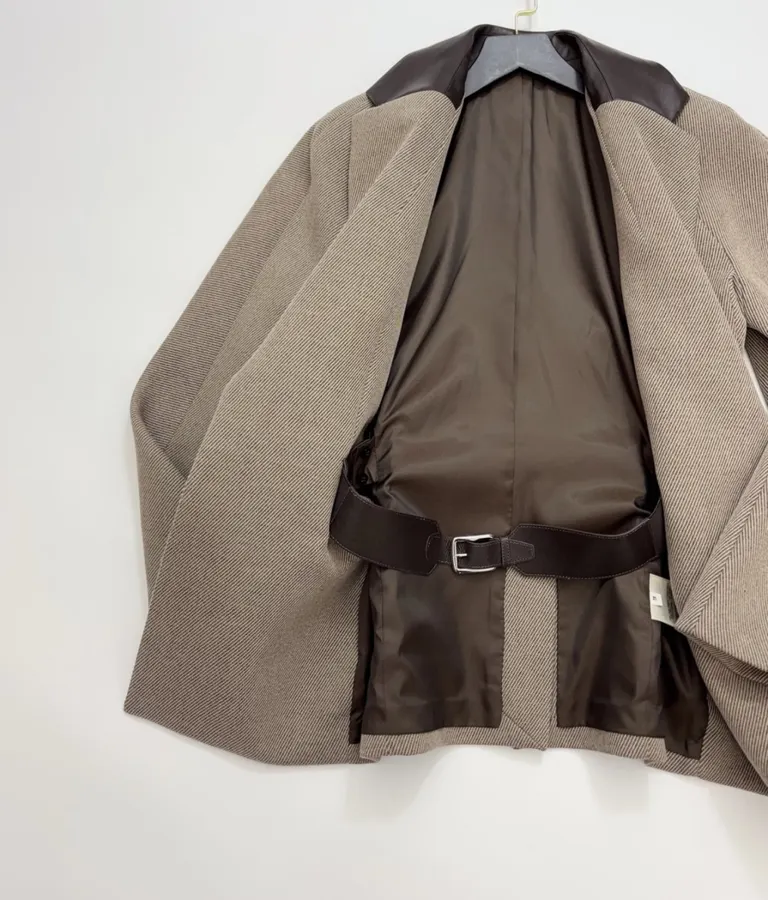 Antique Retro Leather-Inlaid Double-Layer Equestrian Twill Wool Suit in Taupe, product view 17