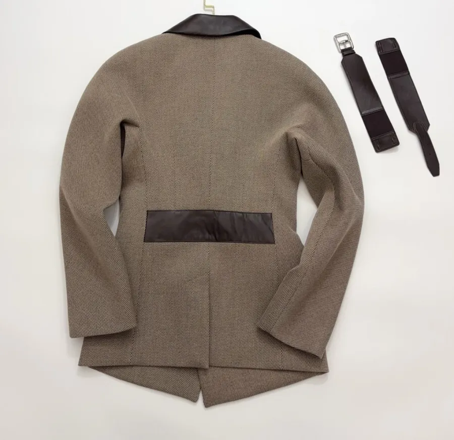 Antique Retro Leather-Inlaid Double-Layer Equestrian Twill Wool Suit in Taupe, product view 23
