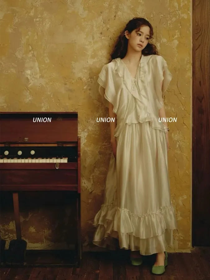 Cream Ruffle-Trim Long-Sleeve Maxi Dress in Apricot, product view 01