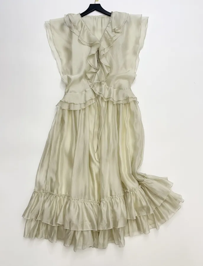 Cream Ruffle-Trim Long-Sleeve Maxi Dress in Apricot, product view 02