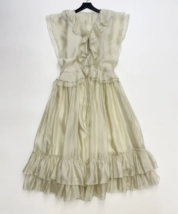 Cream Ruffle-Trim Long-Sleeve Maxi Dress in Apricot, product view 03