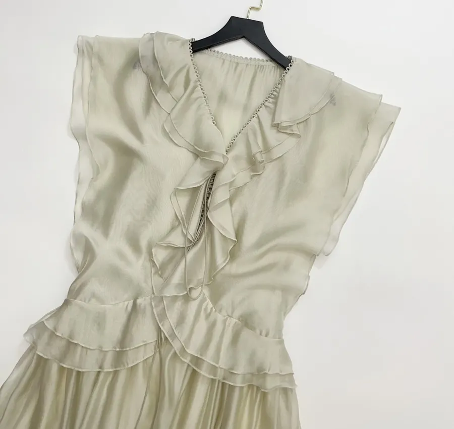 Cream Ruffle-Trim Long-Sleeve Maxi Dress in Apricot, product view 04