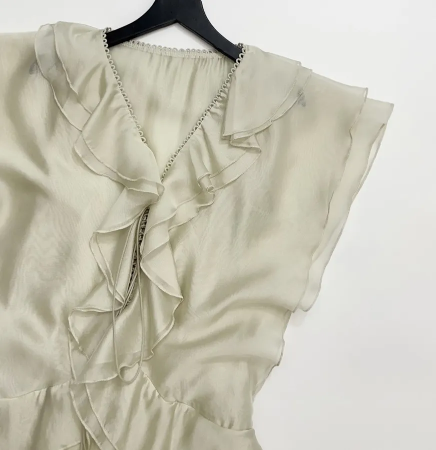 Cream Ruffle-Trim Long-Sleeve Maxi Dress in Apricot, product view 05