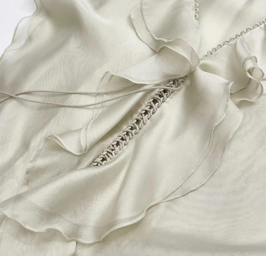 Cream Ruffle-Trim Long-Sleeve Maxi Dress in Apricot, product view 10