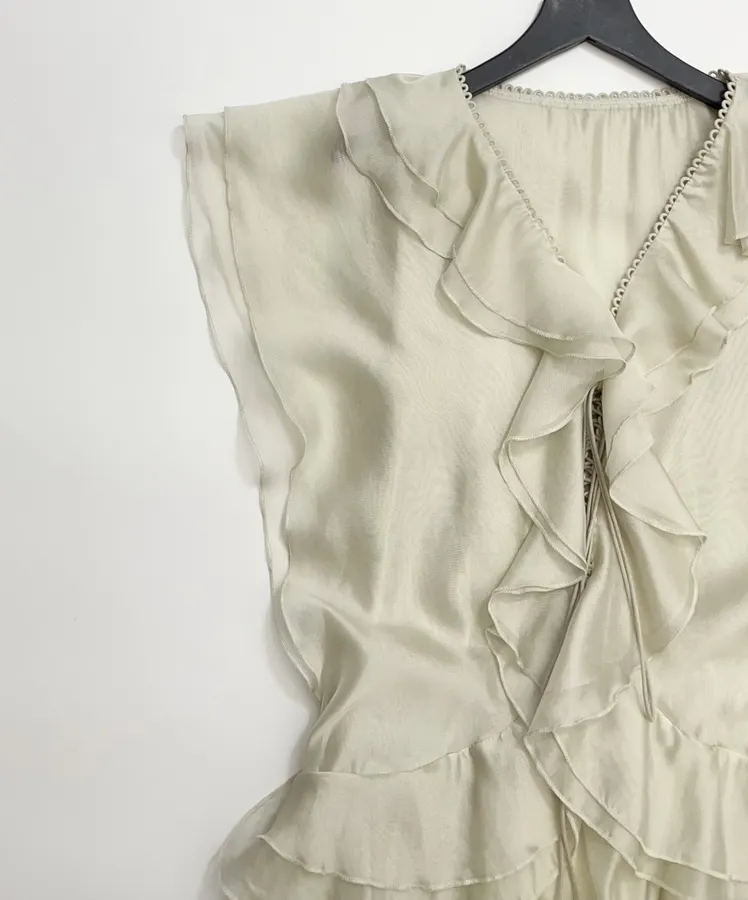 Cream Ruffle-Trim Long-Sleeve Maxi Dress in Apricot, product view 13