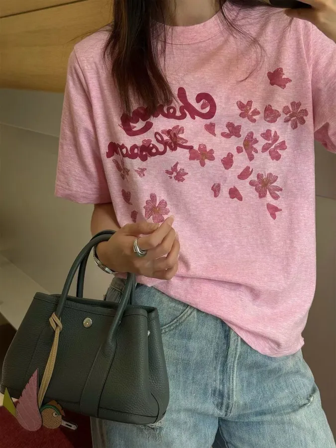 Cherry Blossom Embroidered Crew-Neck T-Shirt in Pink, product view 01
