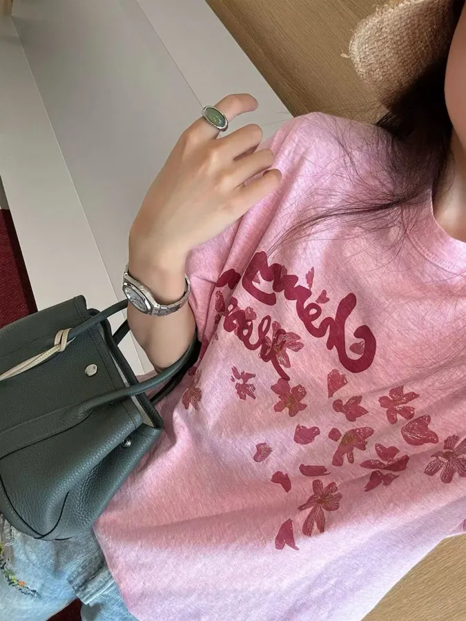Cherry Blossom Embroidered Crew-Neck T-Shirt in Pink, product view 02
