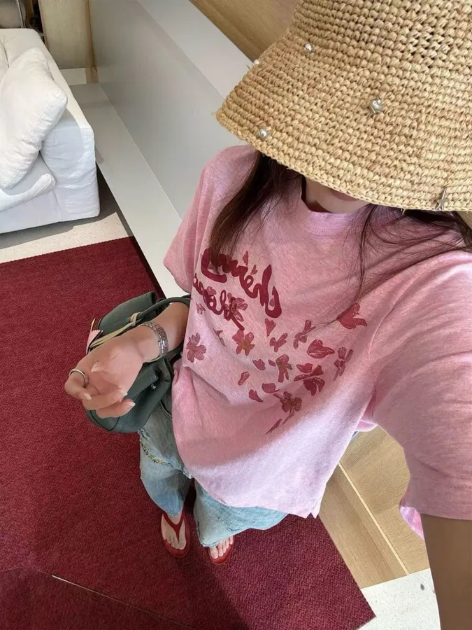 Cherry Blossom Embroidered Crew-Neck T-Shirt in Pink, product view 03