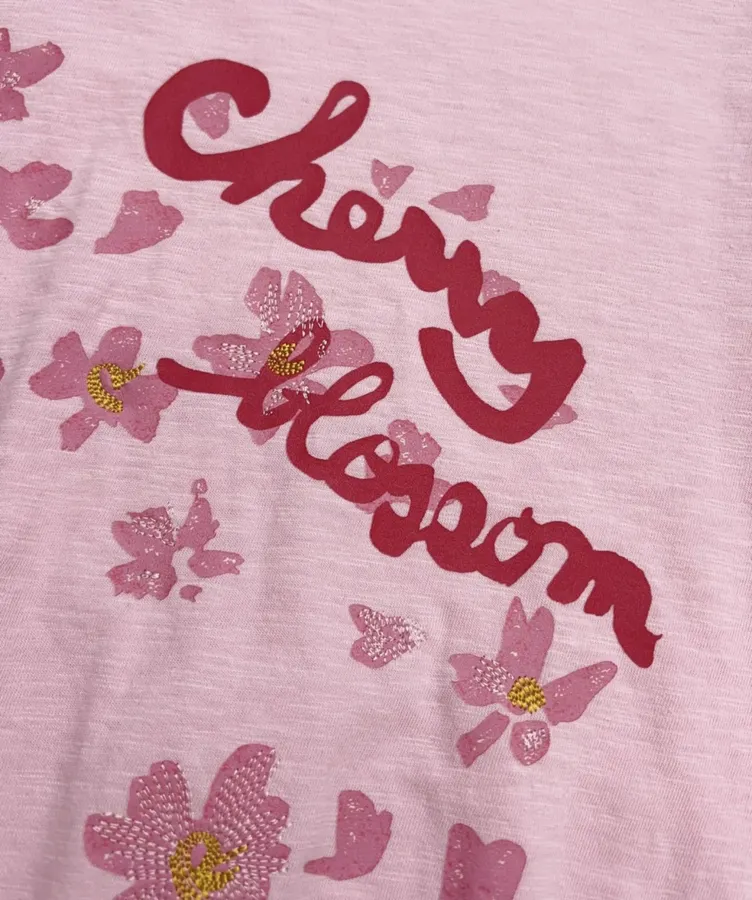 Cherry Blossom Embroidered Crew-Neck T-Shirt in Pink, product view 10