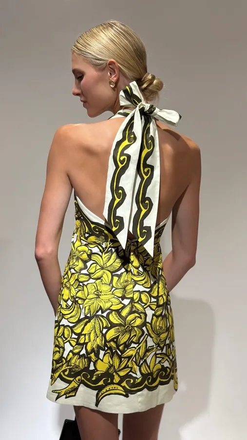 Linen Bright Yellow Floral Print Halterneck Backless Dress - Mini Skirt in Yellow and Black, product view 02