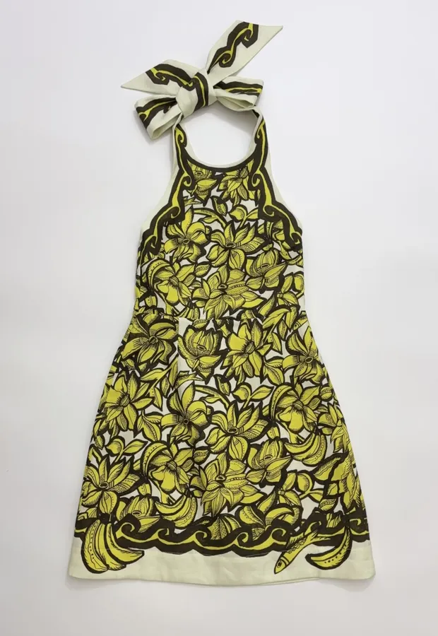 Linen Bright Yellow Floral Print Halterneck Backless Dress - Mini Skirt in Yellow and Black, product view 03