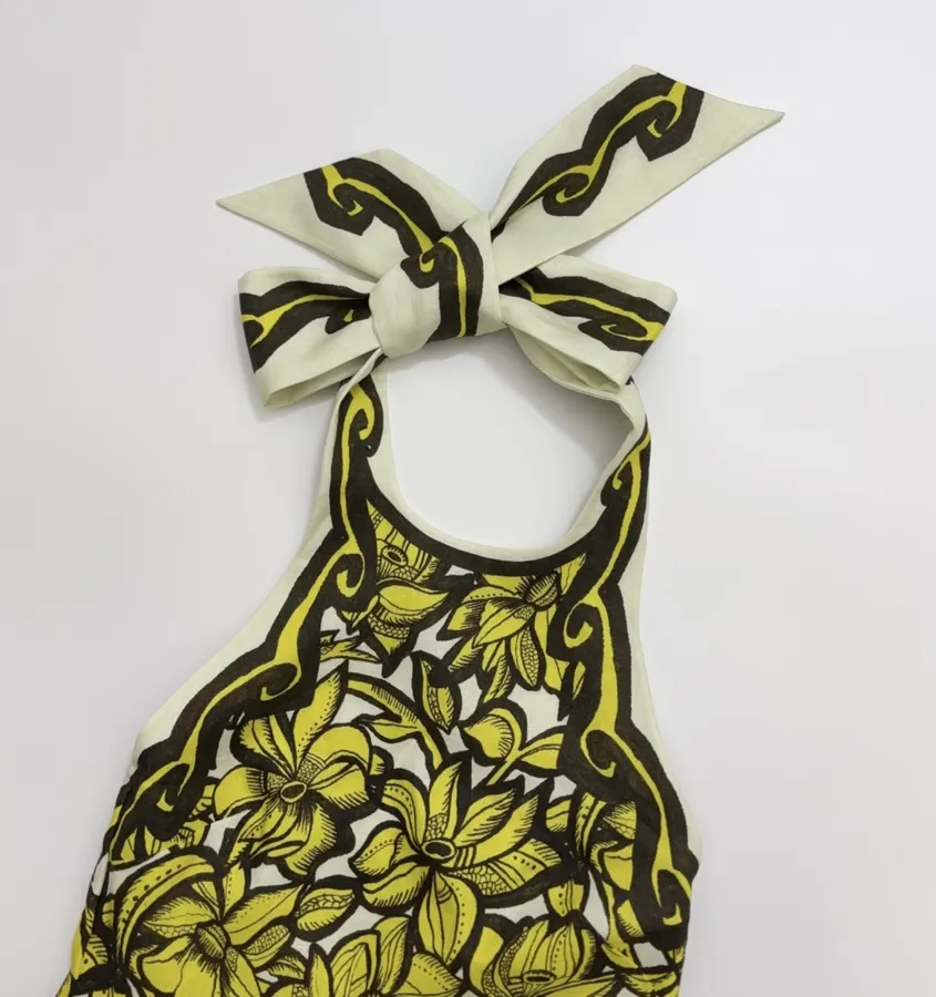 Linen Bright Yellow Floral Print Halterneck Backless Dress - Mini Skirt in Yellow and Black, product view 04