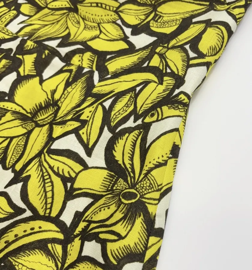 Linen Bright Yellow Floral Print Halterneck Backless Dress - Mini Skirt in Yellow and Black, product view 08