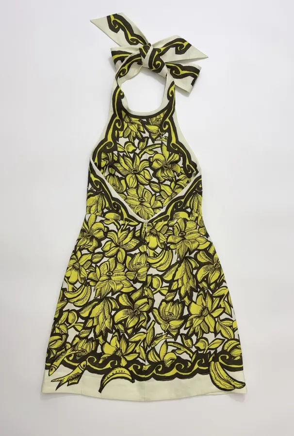 Linen Bright Yellow Floral Print Halterneck Backless Dress - Mini Skirt in Yellow and Black, product view 16