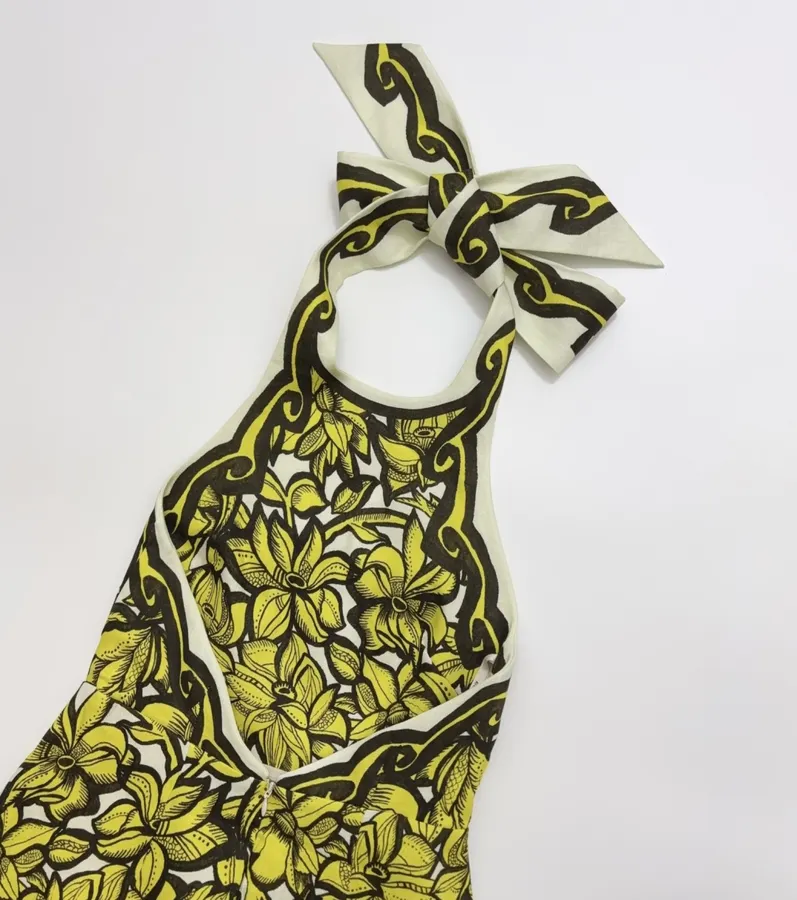 Linen Bright Yellow Floral Print Halterneck Backless Dress - Mini Skirt in Yellow and Black, product view 17