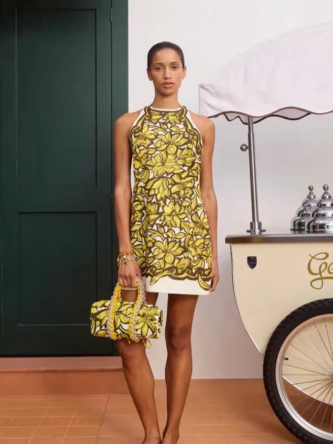 Linen Bright Yellow Floral Print Halterneck Backless Dress - Mini Skirt in Yellow and Black, product view 23