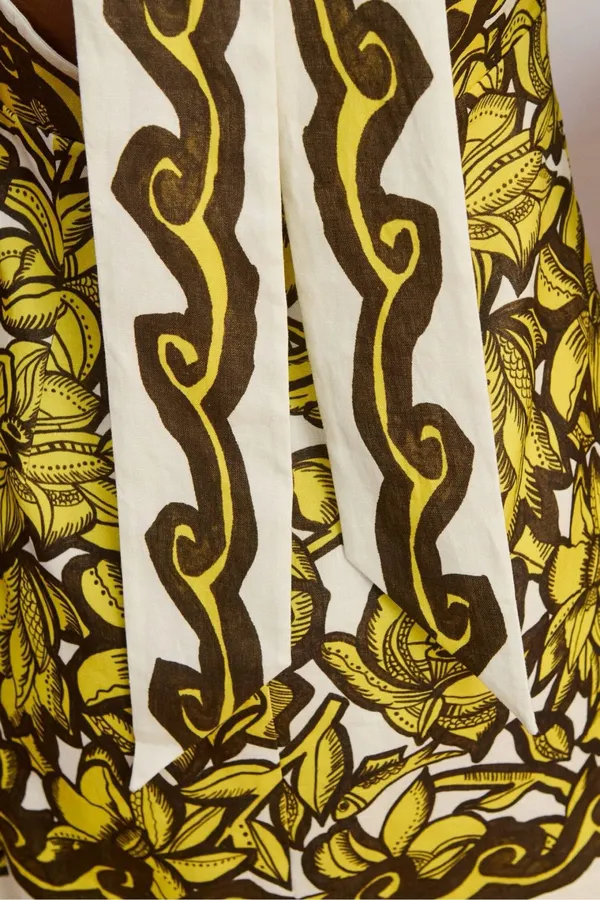 Linen Bright Yellow Floral Print Halterneck Backless Dress - Mini Skirt in Yellow and Black, product view 26