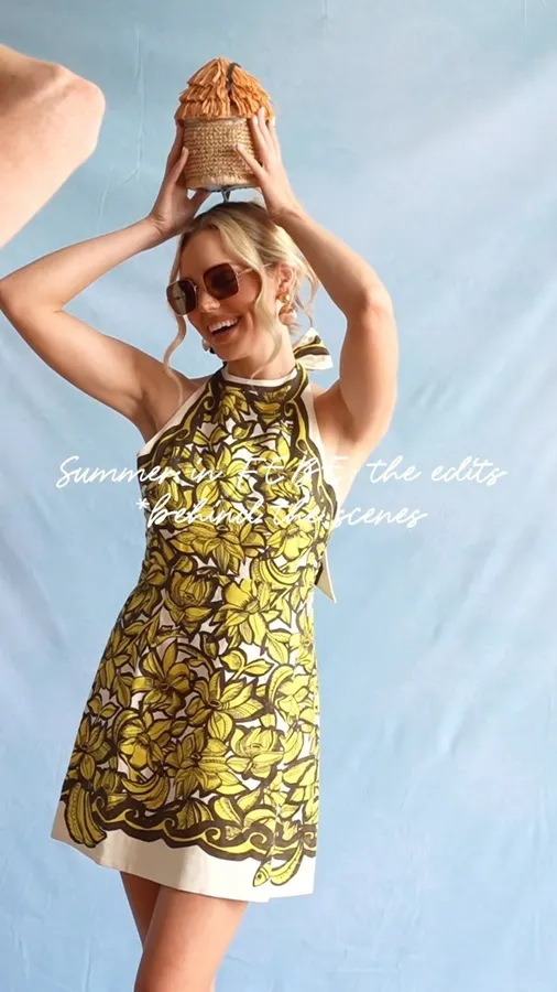 Linen Bright Yellow Floral Print Halterneck Backless Dress - Mini Skirt in Yellow and Black, product view 27