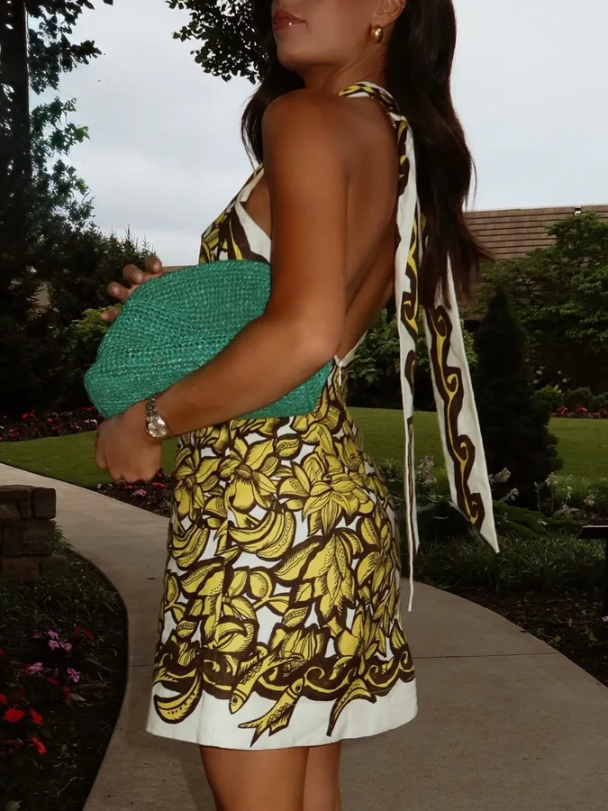 Linen Bright Yellow Floral Print Halterneck Backless Dress - Mini Skirt in Yellow and Black, product view 28