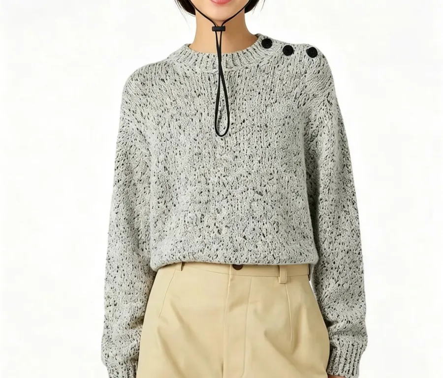 Cashmere Knit Sweater, High-Quality Textured Casual Top in Gray, product view 01