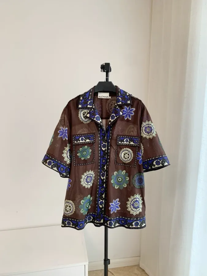 Retro Ethnic Floral Print Loose Short-Sleeve Shirt in Brown Multicolor, product view 01