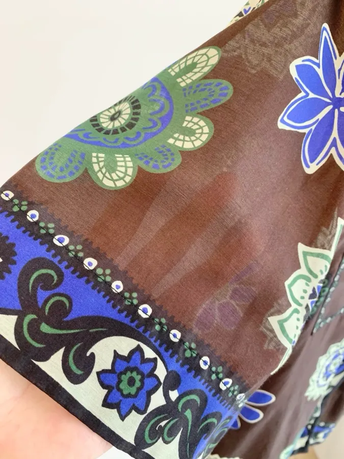 Retro Ethnic Floral Print Loose Short-Sleeve Shirt in Brown Multicolor, product view 03