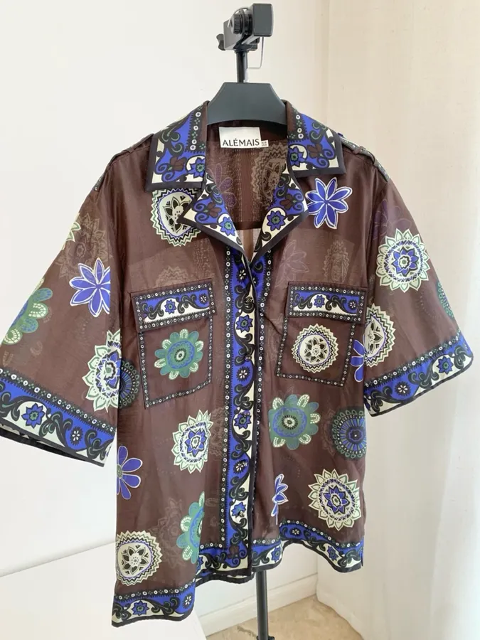 Retro Ethnic Floral Print Loose Short-Sleeve Shirt in Brown Multicolor, product view 05