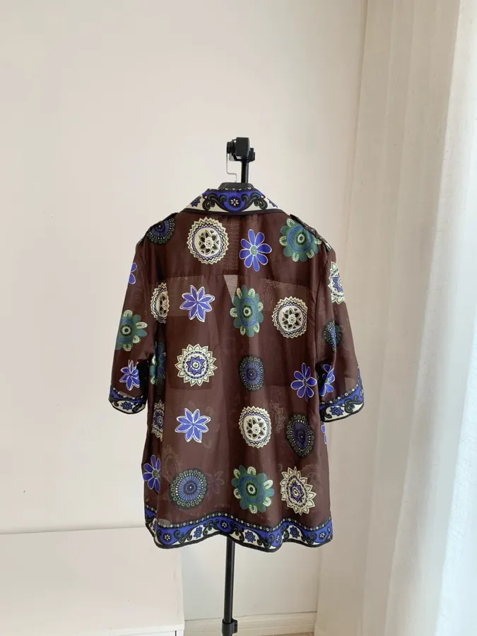 Retro Ethnic Floral Print Loose Short-Sleeve Shirt in Brown Multicolor, product view 06