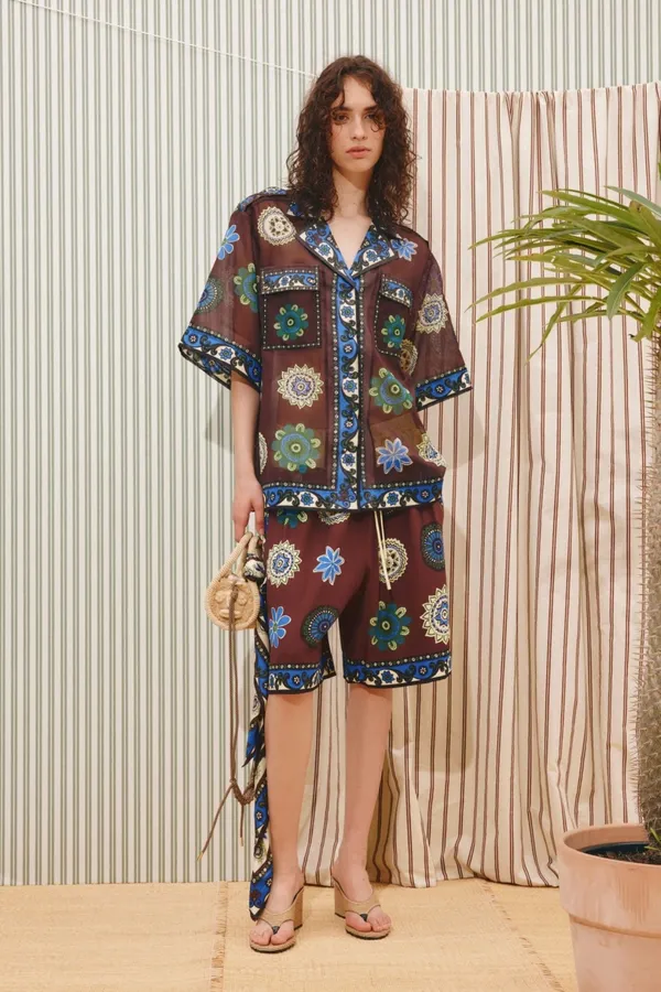 Retro Ethnic Floral Print Loose Short-Sleeve Shirt in Brown Multicolor, product view 07