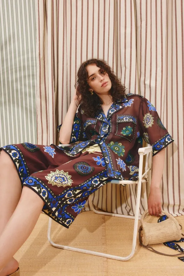 Retro Ethnic Floral Print Loose Short-Sleeve Shirt in Brown Multicolor, product view 11