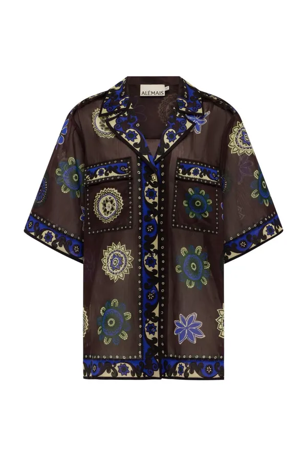 Retro Ethnic Floral Print Loose Short-Sleeve Shirt in Brown Multicolor, product view 12