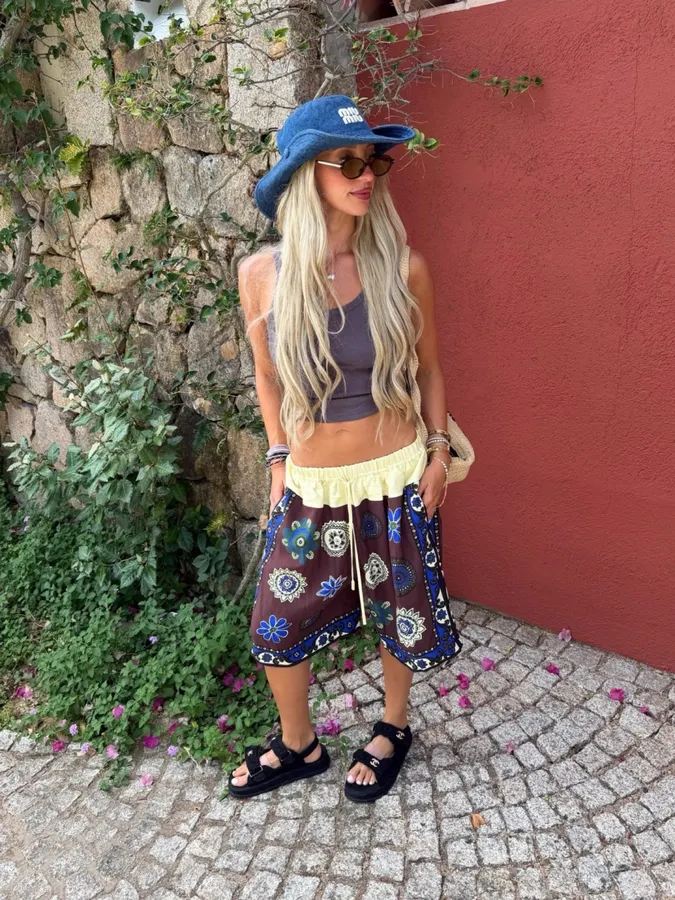 Retro Ethnic Floral Print Elastic-Waist Casual Shorts in Multicolor, product view 12