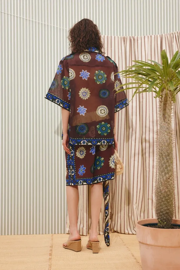 Retro Ethnic Floral Print Elastic-Waist Casual Shorts in Multicolor, product view 16