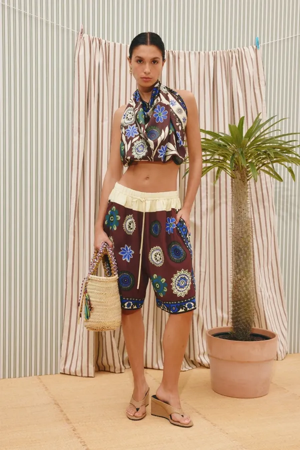 Retro Ethnic Floral Print Elastic-Waist Casual Shorts in Multicolor, product view 19