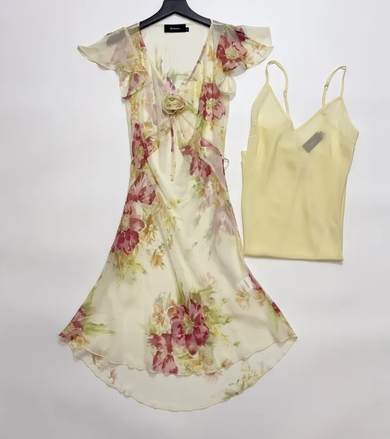 Silk Bias-Cut French Retro Tea-Length A-Line Dress 'The Mathilde' in Ivory Floral, product view 01